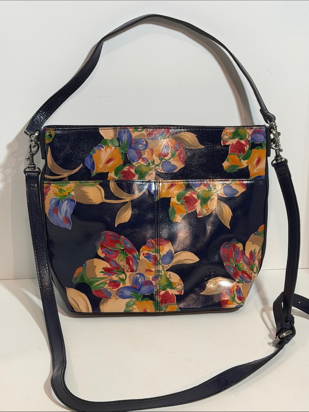 Patricia Nash Le Fleur Convertible Crossbody Shoulder Bag Navy Floral Leather